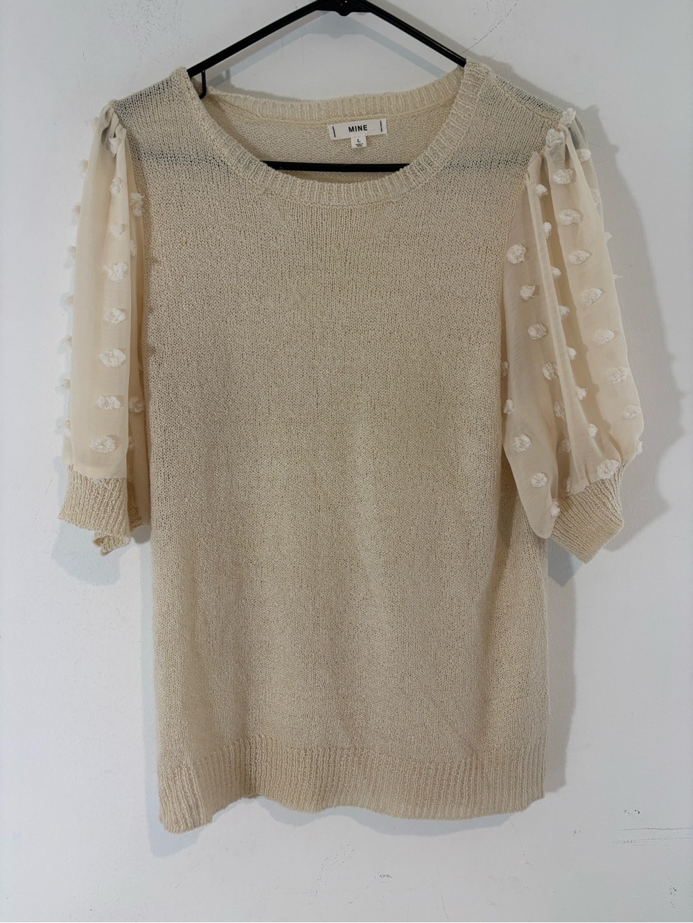 MINE Women Large Cream Knit Top with Sheer Pom-Pom Sleeves Business Casual